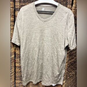 Woolly- Men's Heather Tan V neck Shirt- Large, 100% Merino Wool, two small spots